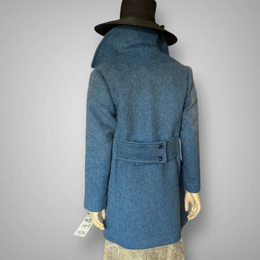 1970s Mod Blue Wool Double Breasted Pea Coat Dramatic Collar Med Vintage Jacket - Picture 2 of 13